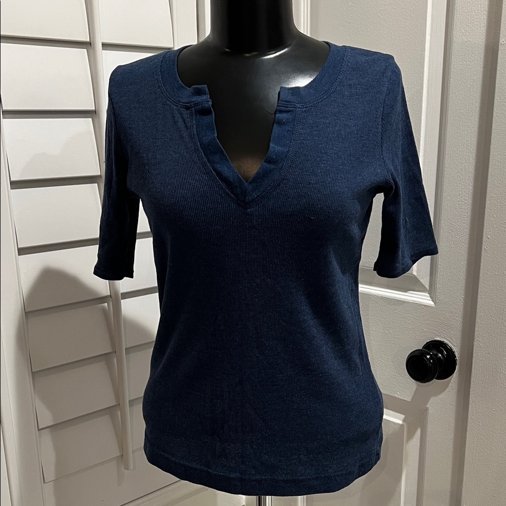 Navy Split-Neck Short Sleeve Top